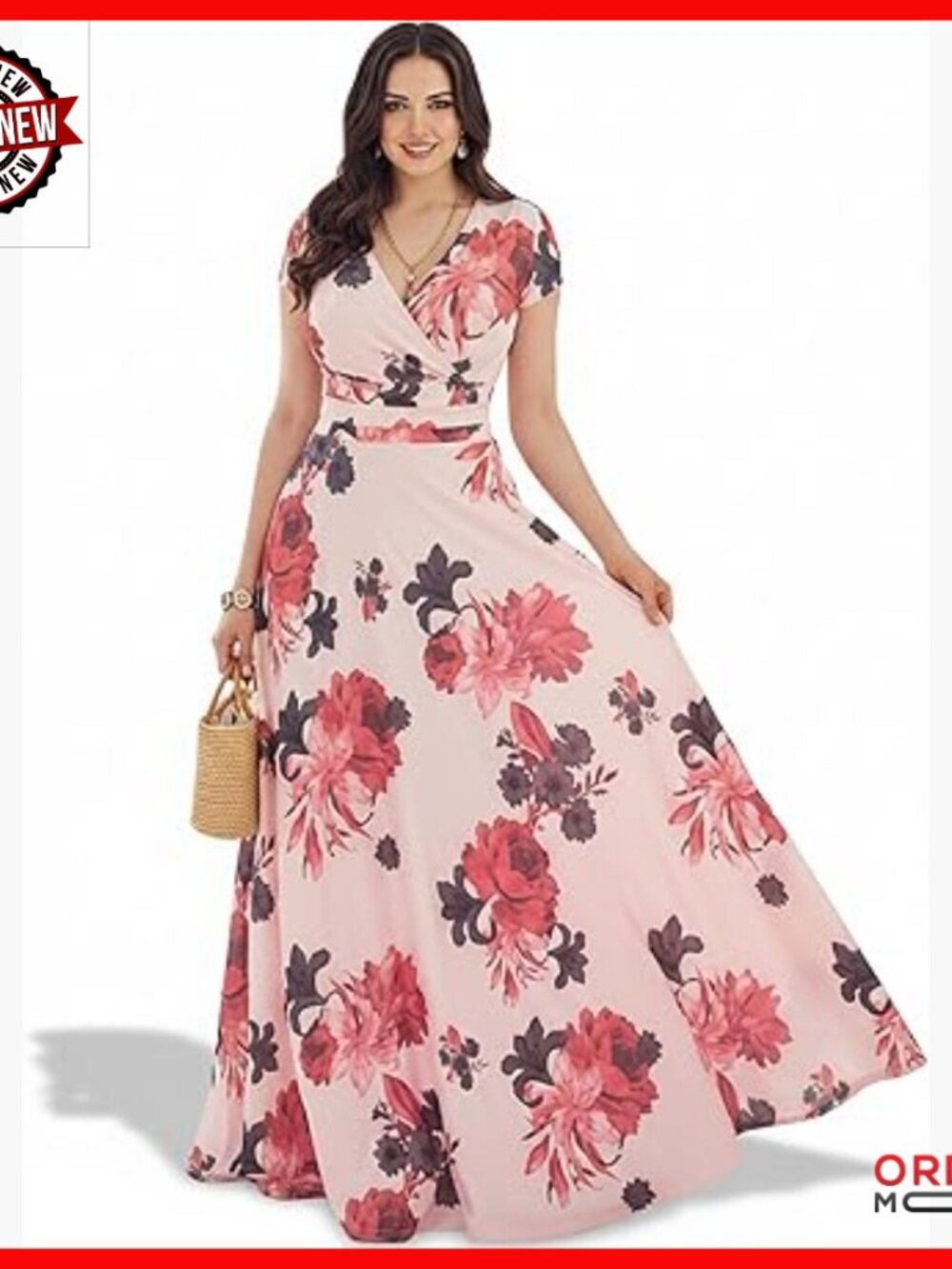 Plus Size Maxi Dress with Empire Waist, Flowing Print, Long Sleeves
